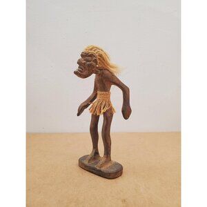 Vintage Hawaiian Carved Wood Tiki Kahuna Tribal , Hemp Rope Hair and Grass Skirt